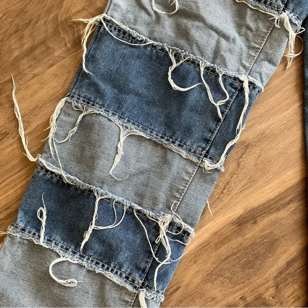 NEW RARE DISTRESSED PATCH COLORBLOCK JEANS - Picture 6 of 15